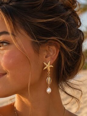 NWT MEDINA fine pearls Gold Starfish fresh water Pearl Drop Earrings -